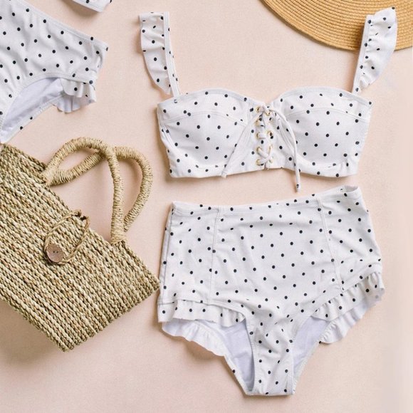 NEW Polka Dot Ruffle RETRO High Waist Bikini Set - Picture 11 of 12